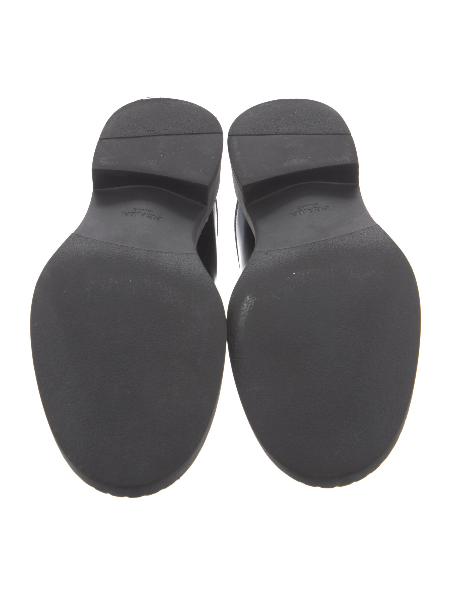 Prada Enameled Metal Triangle Leather Slippers